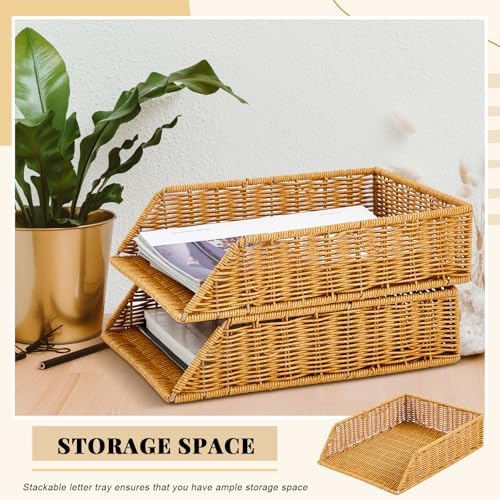 Yeaqee 2 Pcs Paper Tray Organizer for Desk Woven Letter File Organizer A4 File Tray Desk Paper Basket Letter Size Imitation Rattan Holder Organization Rack for Office Storage(Brown,Sleek Style) - Image 5