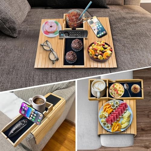 Magnetic Bamboo Couch arm tray - 3 in 1 Detachable Bamboo Sofa Arm Tray Table with Cup Holder - Foldable Non Slip Couch Armrest Table For Remote, Cell-Phone & Drinks, Snacks – Space-Saving,17.6"x13.3" - Image 7