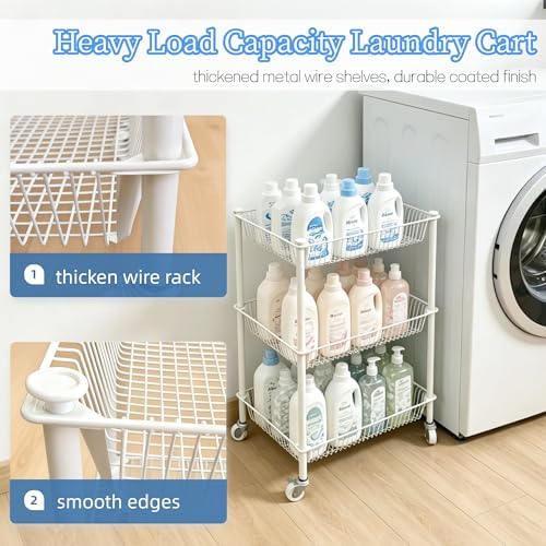 Kitchen Storage Cart for Fruit Vegetable 3 Tier Utility Cart with Wheels, White Rolling Pantry Floor Organizer Onion Potato Storage, Metal Wire Basket Stand Snack Shelf Home Organization - Image 6