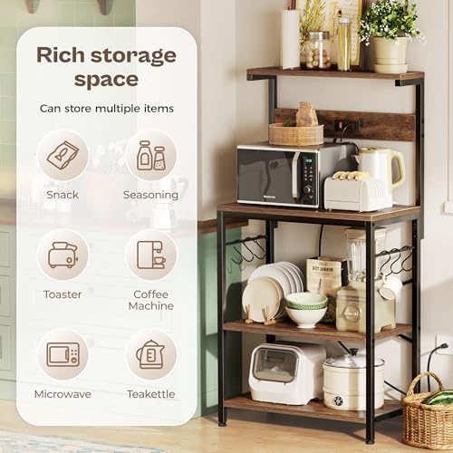 SUPERJARE Kitchen Bakers Rack with Power Outlet, Coffee Bar Table 4 Tiers, Kitchen Microwave Stand with 6 S-shaped Hooks, Storage Shelf Rack for Spices, Pots and Pans - Rustic Brown - Image 6