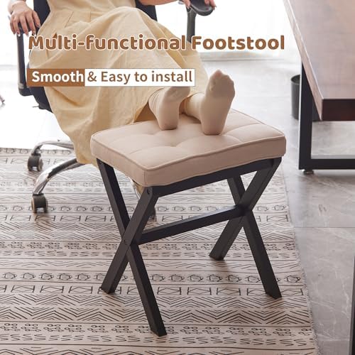 Foot Stool Small Ottoman Foot Rest Padded Foot Stool Desk for Under Office Desk Vanity Stool Bamboo Footstool Sofa Footrest Shoe Stool Small (Black Legs + Beige) - Image 3