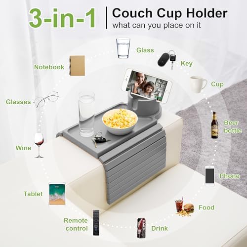 Couch Cup Holder - 3 in 1 Couch Arm Table Tray with 360° Rotating Cup Holder for Couch,Anti-Slip Arm Chair Rest Table for Large Wide Sofa Armrest, Foldable Side Table for Drinks Snacks - Image 6