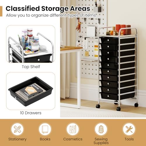 Giantex Rolling Storage Cart with 10 Drawers, Utility Cart with Tabletop, Drawer Organizer with Wheels for Craft Art Paper Tool, Mobile Organization & Sorting for Office Home School School Supplies - Image 5