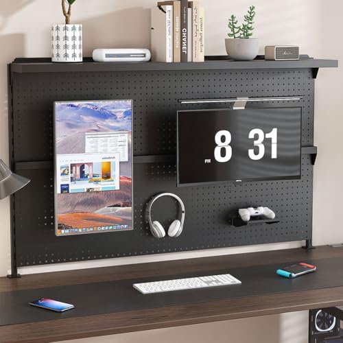 Clamp-On Desk Pegboard with Dual Monitor Stand, 59" Steel Privacy Panel with Modular Hooks & Movable Partition, Fits 0.59"–1.77" Desks, Ergonomic Storage Organizer for Office & Gaming Setup, Bla by YATON