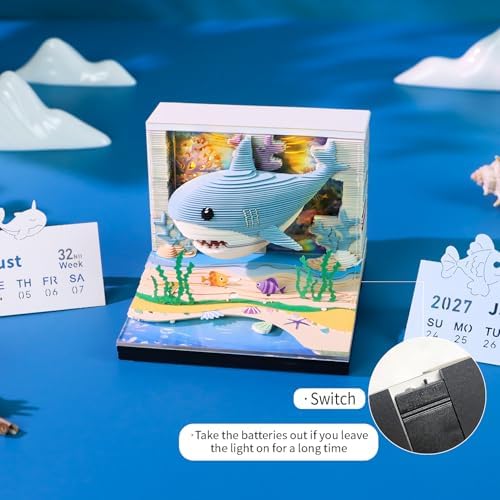3D Calendar 2027,3D Memo Pad Time Piece Calendar 2027 Creative Desk Calendar Art Paper Sculpture Ocean Shark, 2027 Tear Off Calendar DIY Decorative Gift - Image 3