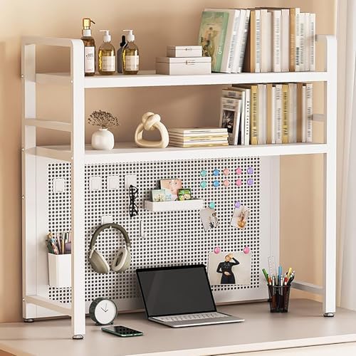 2-Tier Dorm Desk Hutch Top Only Desktop Bookshelf Metal Storage Display Rack Countertop Organizer Over Computer Desk Shelf for Dorm Office with Pegboard and Hooks Set,Black,W 45″/115cm - Image 3