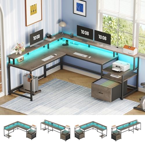 SEDETA 66" Reversible L Shaped Computer Desk with Power Outlet, File Drawer by SEDETA