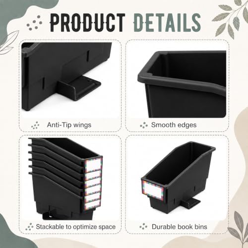 gisgfim 6 Pcs Non-Tip Book Bins with Stabilizer Wings (Black) - Image 3