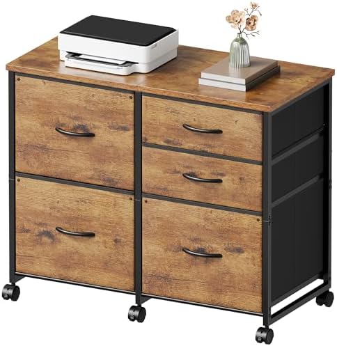 YeTom Lateral File Cabinet with 5 Drawers Rolling Filing Cabinets Under Desk Storage Printer Stand with Wheels,Mobile File Cabinet for Home Office,Rustic Brown by YETOM