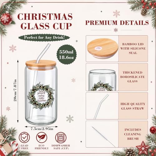 12 Sets Christmas Glass Cups Gifts 16 oz Red Black Buffalo Plaid Glass Cups with Lids and Straws Santa Gnomes Tumbler Christmas Gift for Women Man Friends Coworkers Xmas Party Favors - Image 3