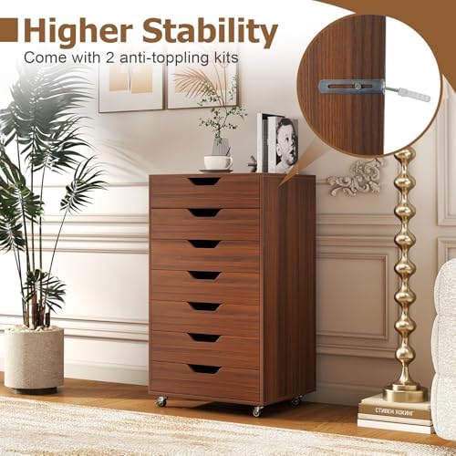 GIANTEX 7-Drawer Storage Cabinet, Mobile File Organizer with 4 Universal Casters, Wooden Vertical Filing Cabinet on Lockable Wheels for Office, Study, Living Room (19” x 15.5” x 34.5”,Walnut) - Image 5