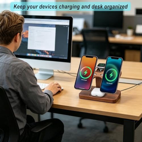 Wood Dual Phone Charging Station Compatible with Magsafe Charger - Image 5