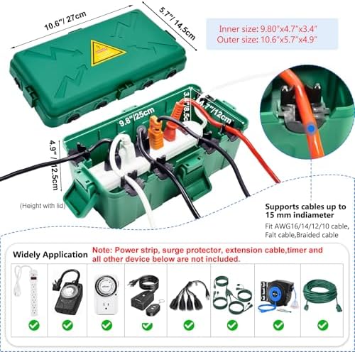 Hrensaw Medium Outdoor Electrical Box(10.6x5.7x4.9inch),Weatherproof Connection Box w/6 Cable Entry,IP54 Waterproof Extension Cord Cover Protect Power Strip,Timer,Plug,Holiday Lights,Green (Pack of 2) - Image 2