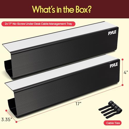 Pyle 2-Pack 17" Under Desk Cable Management Tray, Under Desk Cable Organizer with Adhesive Mount, Wire Management Under Desk for Home Office & Gaming Setup, Durable Plastic, 20 lb Capacity, Black - Image 7