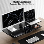 TRIN&AUSAN Dual Monitor Stand Riser, Wooden 2-Tier Computer Monitor Stand with Storage, Adjustable Ergonomic Desktop Monitor Riser with Cable Management & Phone Holder for Home Office Desk (Black) - Image 3