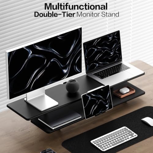TRIN&AUSAN Dual Monitor Stand Riser, Wooden 2-Tier Computer Monitor Stand with Storage, Adjustable Ergonomic Desktop Monitor Riser with Cable Management & Phone Holder for Home Office Desk (Black) - Image 3