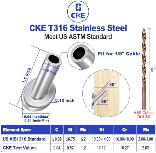 [Patent]CKE 40 Pack T316 Marine Grade Stainless Steel 30 Degree Angle Beveled Protector Sleeves Wood Post Protector for 1/8" Wire Rope Cable Railing, DIY Balustrade, 30 Degree Protective Sleeves, CR30 - Image 2