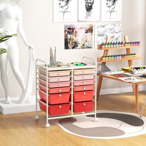 LDAILY 12 Drawer Rolling Storage Cart, Craft Cart Organizer on Wheels w/Metal Frame, Large Capacity & Smooth Drawer, Rolling Cart w/Drawers for Classroom, Office - Image 2