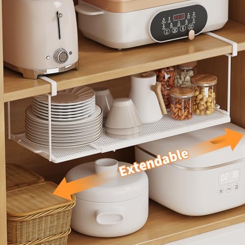 2 Pack Expandable Under Cabinet Shelf, Under Shelf Storage with 0.94 Inches Thick Clips for Kitchen Cupboard, Metal Hanging Under Desk Basket for Laundry Room, Shoe Rack - Image 4