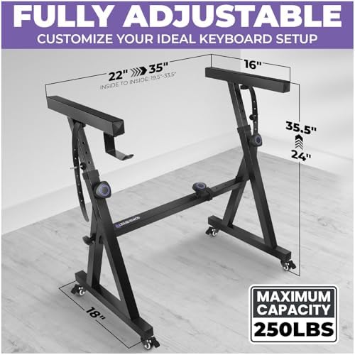 Liquid Stands Keyboard Stand w/ Wheels - Black Z Style Adjustable & Portable Professional Heavy Duty Digital Piano Stand - Fits 54-88 Key Electric Pianos - Sturdy Rolling Musical Keyboard Stand - Image 2