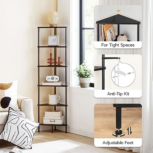 HOOBRO Corner Shelf Stand, Industrial 6-Tier Corner Bookshelf with Metal Frame, Bookcase, Plant Display Stand for Small Spaces, Living Room, Black BK36CJ01 - Image 5