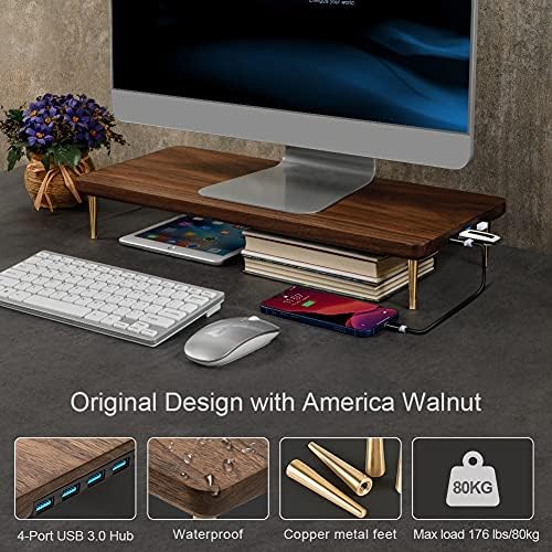 Monitor Stand with 4 USB Ports Walnut Wood Riser for iMac Laptop Computer Monitor – A Sturdy Computer Stand to Elevate Your Screen and Reduce Eye Strain and Maintain Body Position - Image 2
