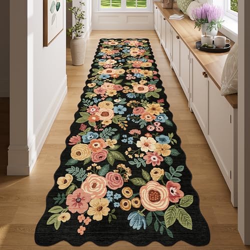 DUKINO 2x7 Runner Rug for Hallway, Floral Washable Rug for Kitchen, Black by DUKINO