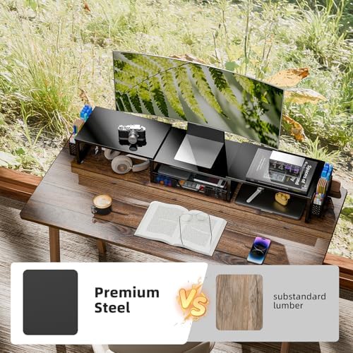 Simple Trending Dual Monitor Stand with Drawer and 2 Pen Holders, Black - Image 3