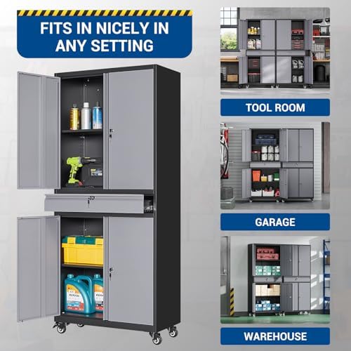 Fesbos 73" Metal Cabinet-Black&Gray Heavy Duty Rolling Storage Cabinet Steel Tool Cabinets with Wheels, Shelves, Lockable Doors and Drawers- for Garage, Pantry, Warehouse - Assembly Required - Image 6