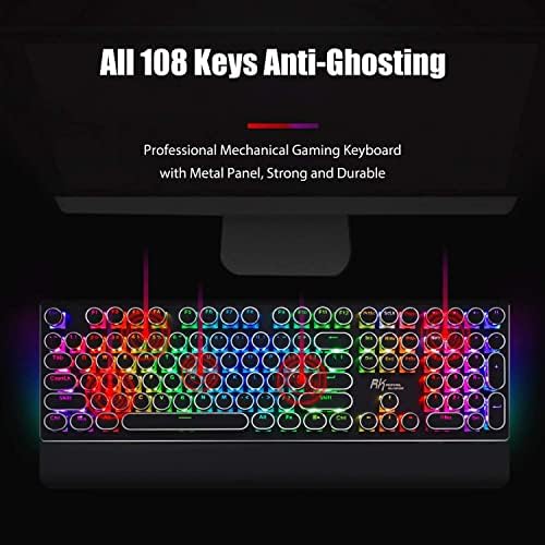 RK ROYAL KLUDGE S108 Typewriter Style Mechanical Gaming Keyboard with RGB Backlit, Wired PC Game Keyboard Full Size with Detachable Wrist Rest and Number Pad, Retro Round Keycaps, Red Switches Black - Image 4
