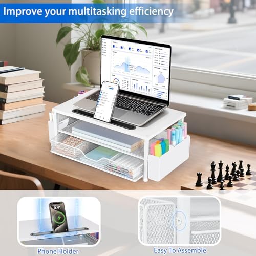 AUPSEN White Monitor Stand Riser, 2-Tier Wood Computer Desk Organizer with Drawer, Pen Storage & Phone Holder, Office Desk Accessories Desktop Organizer for Office Supplies (White) - Image 3