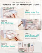WALI Desk File Organizer, 6 Tier Desktop Paper Letter Tray Organizer with Drawer and 2 Pen Holders, Office Desk Accessories & Workspace Organizers for Office, Home Supplies(DO007DH-P), 1 Pack, Pink - Image 4