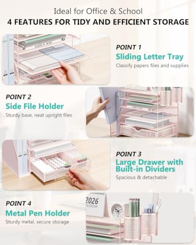WALI Desk File Organizer, 6 Tier Desktop Paper Letter Tray Organizer with Drawer and 2 Pen Holders, Office Desk Accessories & Workspace Organizers for Office, Home Supplies(DO007DH-P), 1 Pack, Pink - Image 4