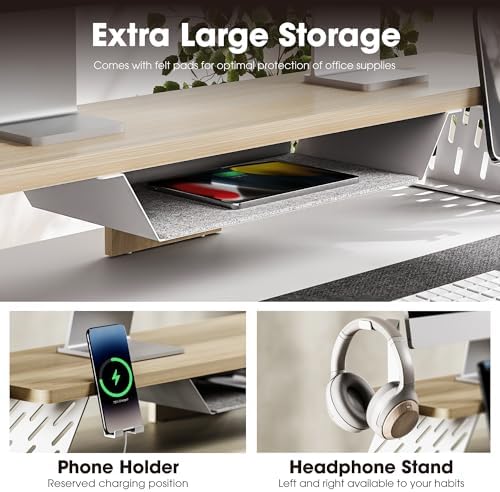 Fenge Dual Monitor Stand, Wooden Desk Shelf with Headphone & Phone Holder - Image 3