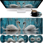 31.5"x 11.8" Oversized Gaming Mouse Pad Set, Ergonomic Keyboard and Mouse Wrist Rest + Cup Holder, Non-Slip Desktop Pad, Suitable for Home and Office Use, Two Swans by FOKBVNFLL