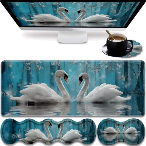 31.5"x 11.8" Oversized Gaming Mouse Pad Set, Ergonomic Keyboard and Mouse Wrist Rest + Cup Holder, Non-Slip Desktop Pad, Suitable for Home and Office Use, Two Swans by FOKBVNFLL