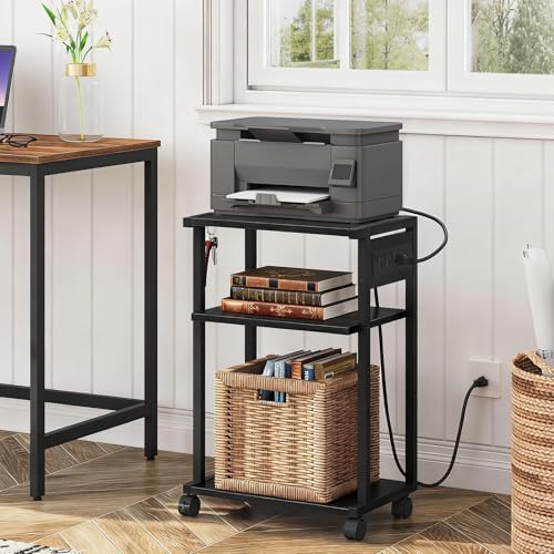 HOOBRO Industrial Printer Stand with Charging Station, 3-Tier Printer Table, Rolling Printer Cart with Adjustable Shelf and Hook, Black BB28UPS01 - Image 4