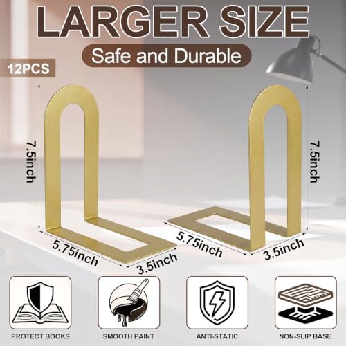 Chunful 12 Pcs Gold Metal BookEnds Shelves, 7.5 x 5.75 x 3.5 in - Image 2