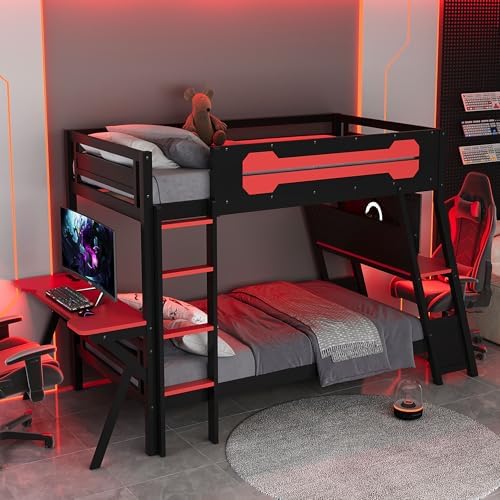 Polibi Twin Over Twin Bunk Bed with 2 Built-in Gaming Desks, USB Charging Ports & Pegboard Organizer, E-Sports Gaming Bed Frame for 2 Kids/Teens, Red (Twin Size) - Image 7