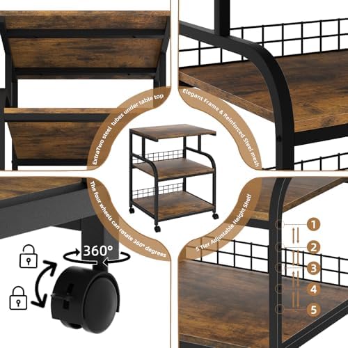 Lerliuo 3 Tier Brown Large Printer Stand with Adjustable Storage Shelf - Image 5
