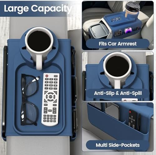Couch Cup Holder Tray, Silicone Sofa Armrest organizer with Side Pockets for Storage Remotes, Cell-phone,Tablet or Snack, Anti-Spill and Anti-Slip Sofa Arm Tray for Recliner, Armchair Caddy (Blue) - Image 3