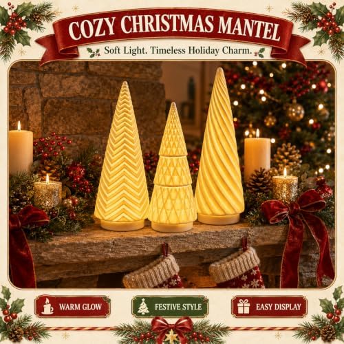 Lighted Ceramic Christmas Trees Set of 3 White Tabletop Christmas Decor - Image 2