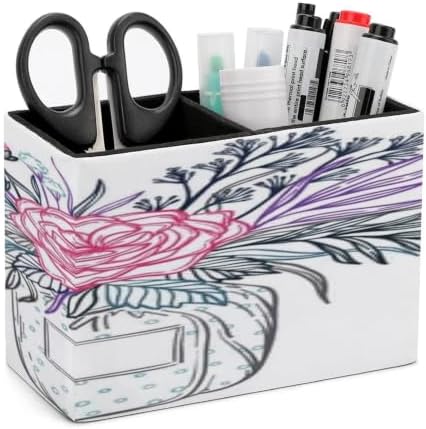 PU Leather Multi-Compartment Pen Holder Desktop Organizer Pencil Cup Storage Caddy for Office Home Supplies Hand Drawn Vector Illustration Fashion Bouquet of Flowers Leaves And Blossom Floral Design by Unknown