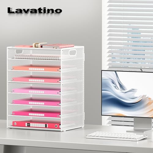 Lavatino 2 Pack 8-Tier Office Desk File Organizer, Letter Tray Paper Organizer with Handle, Including 5 Adjustable Slide Trays for Organizing Desk Workspace Accessories and Supplies (White Metal Mesh) - Image 3