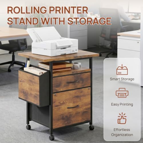 Alpen File Cabinets for Home Office, Small Printer Stand with Storage, Rolling Filing Cabinet with 2 Drawer and Side Storage Bag, Rustic Brown - Image 7