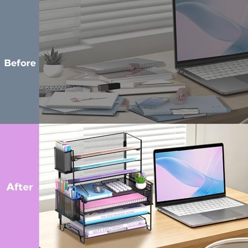 7-Tier Desk Organizer with 3 Pen Holders, Metal Letter Tray, Black - Image 7