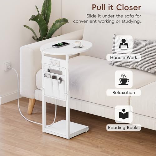 Vagusicc C Shaped End Table with Charging Station, 32" Tall Side Table for Couch and Recliner, Adjustable Height Small Couch Side Table Slide Under Sofa TV Tray Table for Living Room, Bedroom, White - Image 6