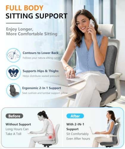 Lumbar Support Pillow & Seat Cushion for Office Chair, Memory Foam Office Chair Cushion for Tailbone Pain Relief and Lower Back Support, Ergonomic Desk Chair Cushion for Gaming, Wheelchair,Home - Image 2