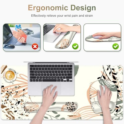 Large Mouse Pad with Wrist Support 4 in1 Set, XXL Big Game Mousepad + Keyboard Wrist Rest+Mouse Wrist Rest+Coaster Ergonomic Gaming Mat for Home Office Table Computer I Modern Boho Leaves - Image 2