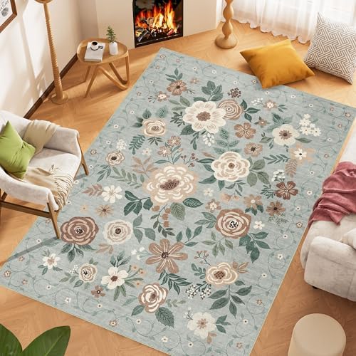 DUKINO 8x10 Area Rugs, Floral Washable Living Room Rug Non Slip, Sage Green - Image 3